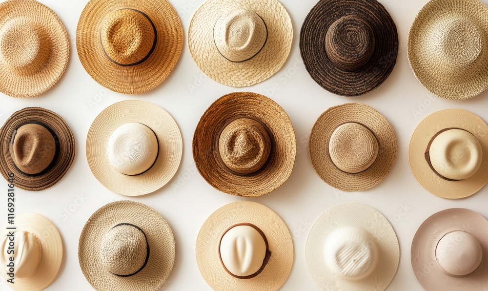 Poster variety of straw hats displayed in a patterned arrangement, showcasing different colors and styles