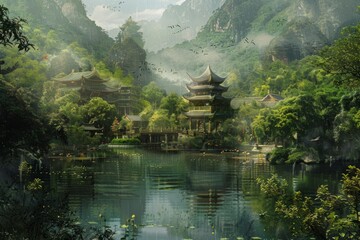 A serene and peaceful scene of a village with a pond and a forest
