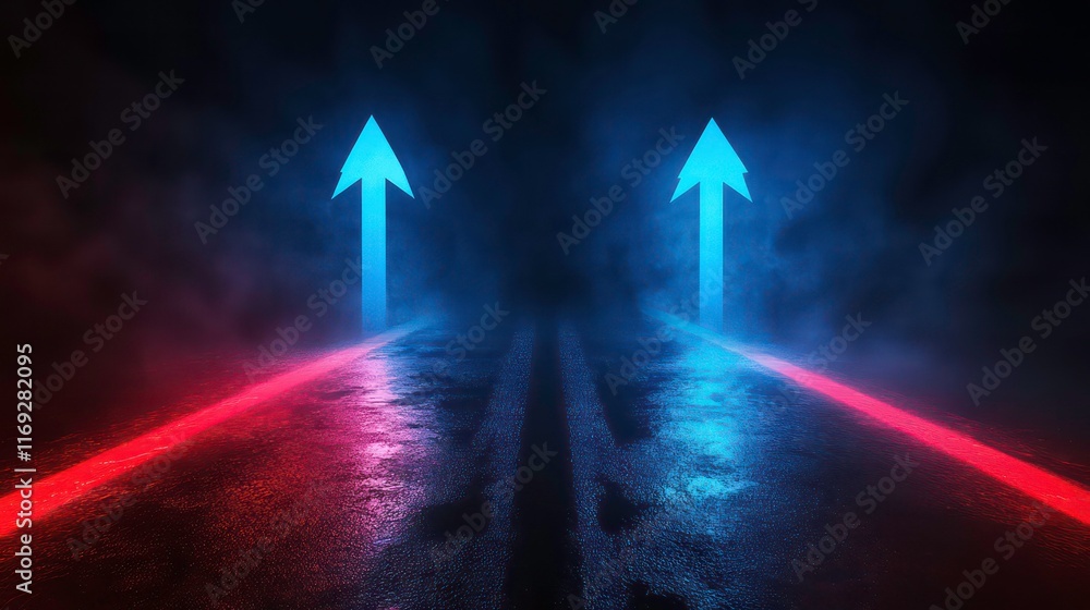 Poster red and blue glowing arrows pointing upward on two contrasting paths against a dark background.
