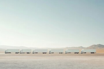 Caravan of white trucks passing under a light sky on the highway