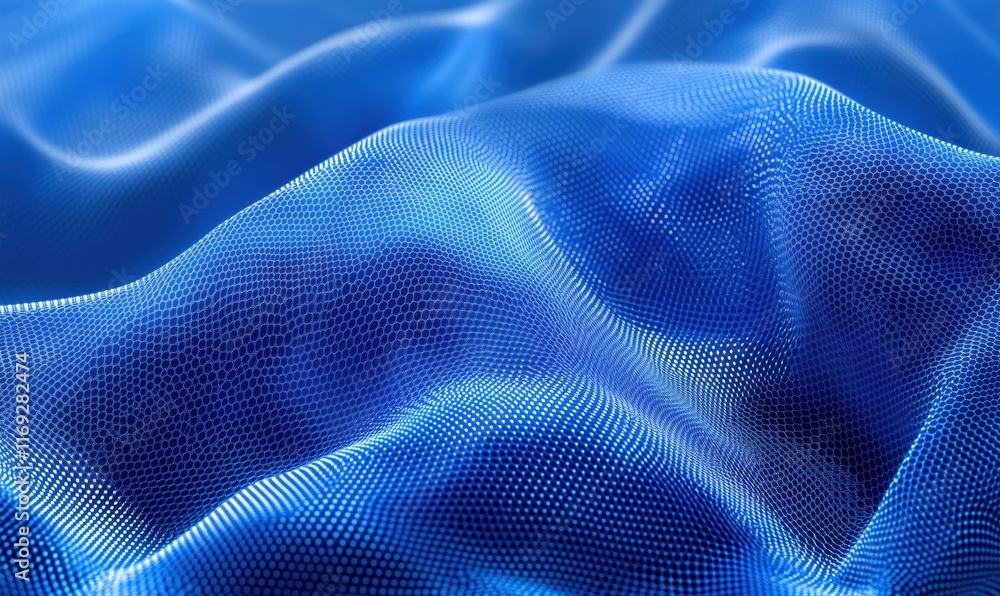 Poster blue textured fabric waves with intricate mesh pattern and soft folds creating a dynamic visual effe