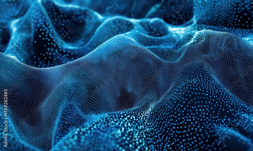 Poster 3d abstract blue wave formations with dots and mesh patterns representing digital data visualization
