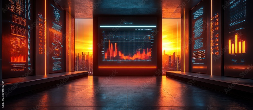 Poster futuristic cityscape sunset with digital data screens displaying financial charts and graphs.