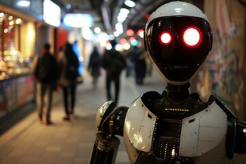 Fototapeta premium A robot is standing in front of a fire, with its head turned to the side