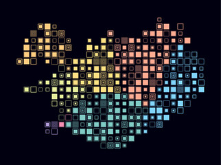 Iceland, shape of the country build of colored cells. Digital style map of the Iceland on dark background. Large size square blocks. Classy vector illustration.