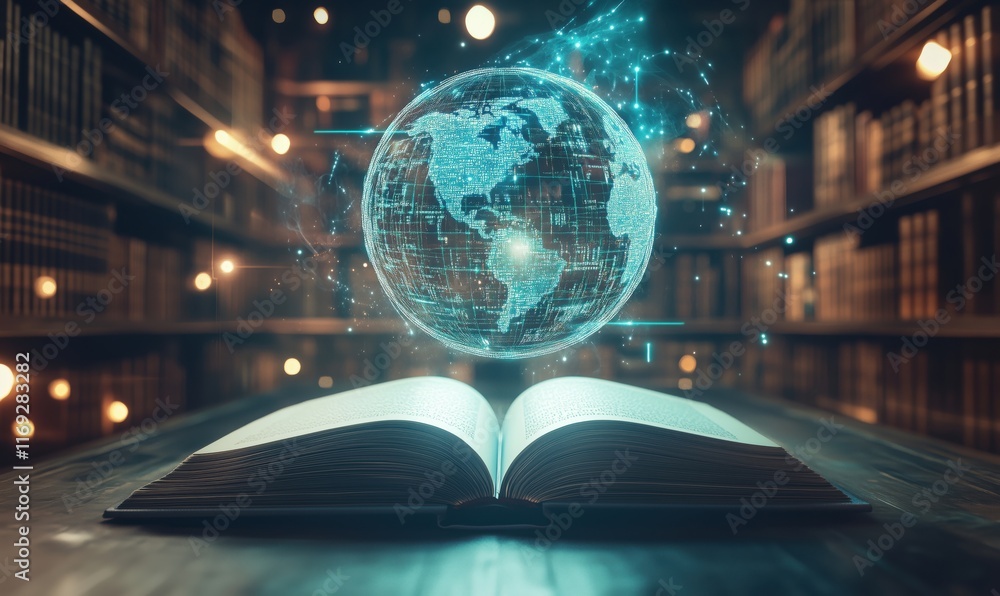 Poster open book with glowing holographic globe representing knowledge and global connectivity in a library