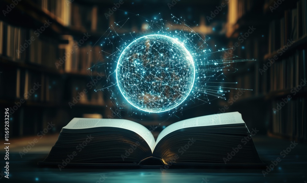 Aufkleber open book with glowing digital globe above, symbolizing knowledge and technology integration in libr