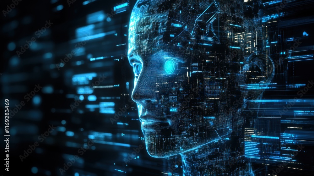 Poster futuristic digital face with cybernetic elements and data streams