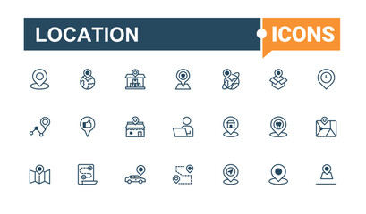 Location minimal icon set. Related to marker, distance, compass, road, street, pointer, address, navigator. Thin linear style icons. Outline and solid pictogram.