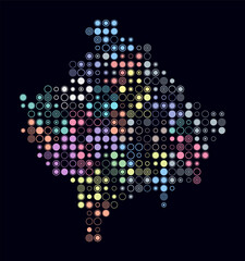 Kosovo, shape of the country built of colored cells. Digital style map of Kosovo on a dark background. Large size circle blocks. Stylish vector illustration.