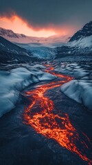 Fototapeta premium Dramatic scene of a fiery volcanic eruption cascading through a frozen snow capped mountain landscape during the winter season