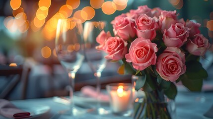A festive table setting with pink roses, wine glasses, and a lit candle, against a blurred background of holiday lights.