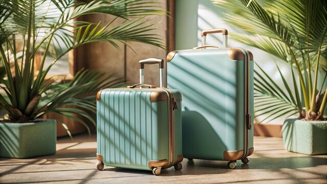 Wide-angle shot of vibrant blue suitcase against clear blue sky, evoking minimalism and modernity.
