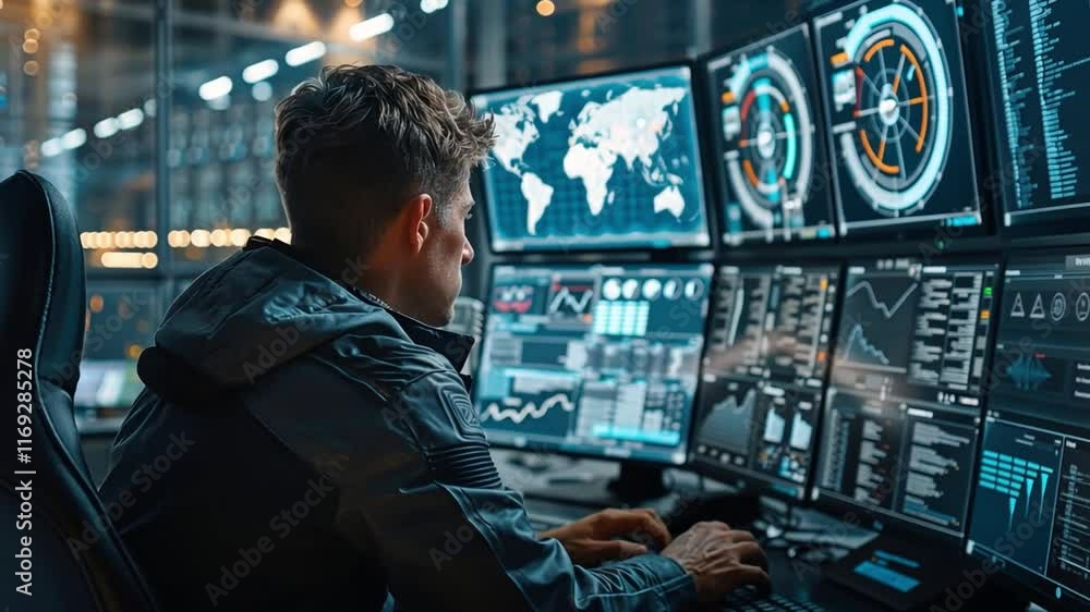 Aufkleber A person is deeply focused on analyzing various data displays in a sophisticated control room. Multiple large screens show real-time global analytics and metrics.