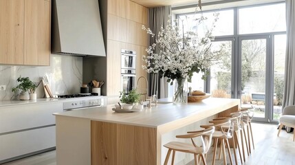 Waterfall countertops kitchen interior design concept. Modern kitchen with wooden accents and a large island centerpiece.
