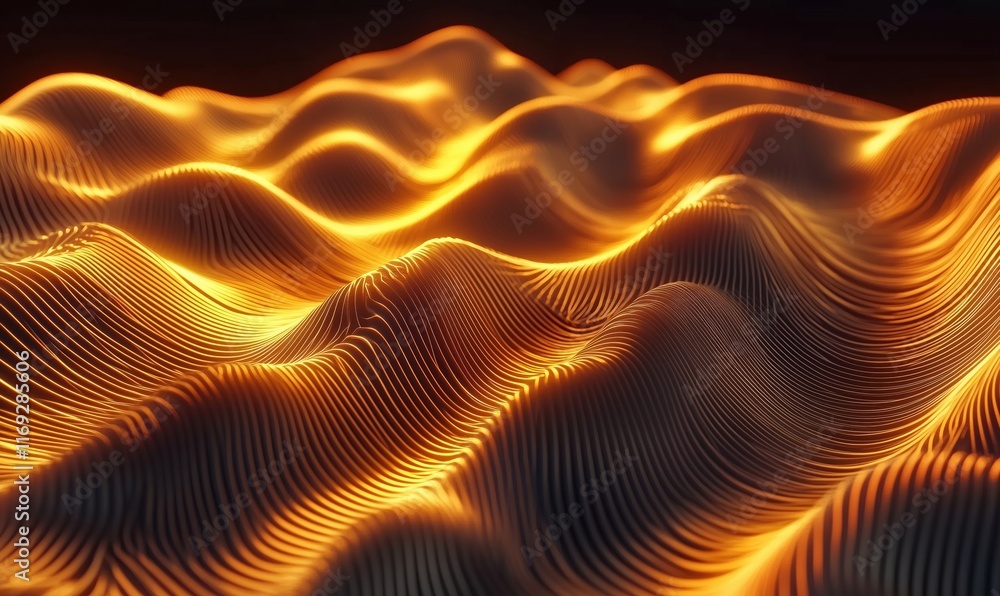 Poster abstract glowing wave patterns in warm orange tones, showcasing smooth curves and intricate textures
