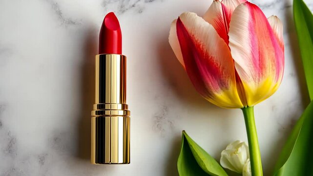 Red lipstick with a tulip flower on a marble surface under soft natural light, women's day 8 march

