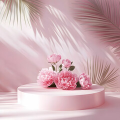 3D podium display pastel pink background with Peonies flower and palm leaf shadow