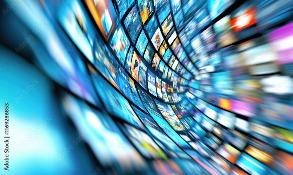 Poster dynamic visual representation of digital media streaming, showcasing a swirling array of colorful sc
