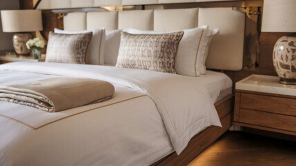 Obraz premium Bedroom Interior: King-Sized Bed with Neutral Linens and Wooden Nightstands