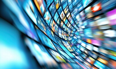 Dynamic visual representation of digital media streaming, showcasing a swirling array of colorful screens displaying various content types, symbolizing technology and entertainment evolution.