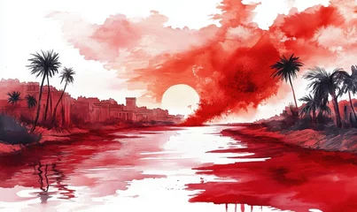 Fototapeten Red sunset over river with palm trees and ancient buildings, dramatic watercolor landscape © k_viktar