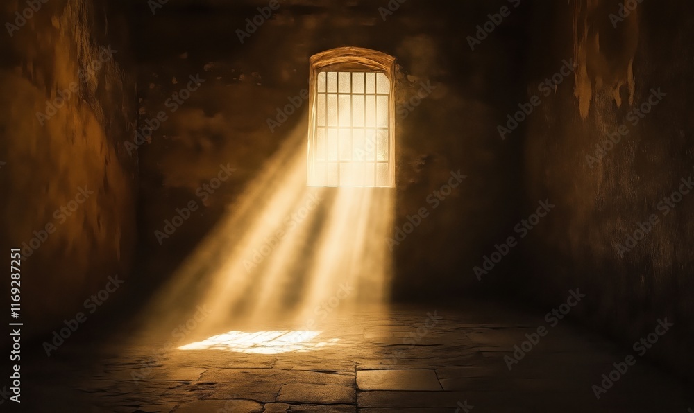Poster sunlight streaming through window in dark room, creating ethereal atmosphere with shadows and light