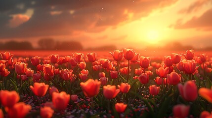 Red tulips with a warm sunset in the background, casting a golden glow over the scene.