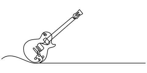Obraz premium The continuous one-line drawing represents a guitar music instrument. The illustration is simple and modern, One continuous single line of classic guitar isolated on white background, sketch drawing. 