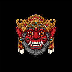 A detailed illustration of a Balinese mask showcasing intricate gold and red ornamentation and a fierce expression.