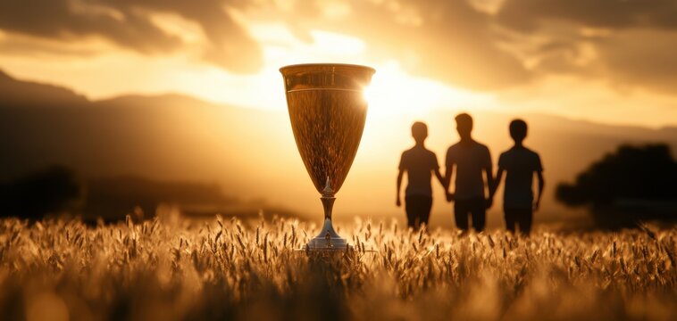 A golden trophy stands in the foreground as three silhouettes walk hand in hand against a sunset backdrop, symbolizing friendship and achievement.