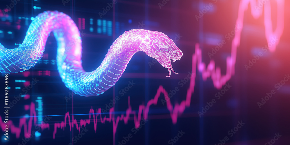 Poster dynamic stock market with holographic snake representing economic trends and data analysis in the ye