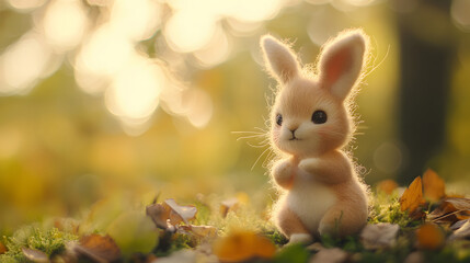 Adorable Felted Bunny Sitting In Autumn Leaves