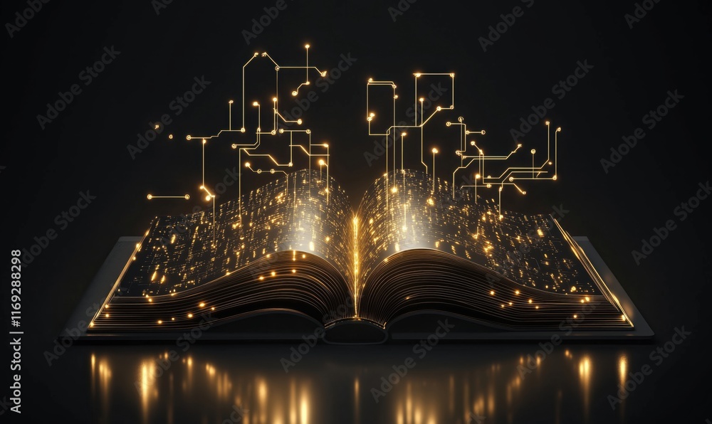 Poster open book with glowing circuits and data streams, symbolizing knowledge and technology integration, 