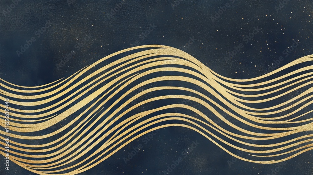 Poster abstract wavy lines in gold against a dark background, creating a dynamic visual effect.