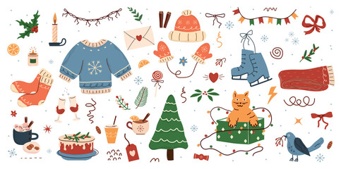 Naklejka premium winter pattern, cute illustration. tree, stars, dots, snow, simple design. hand drawn doodles are isolated on a white background. A trend concept for print, banner, social networks, posters. art png