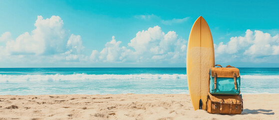 Surfing adventure at tropical beach action shot sunny day wide angle
