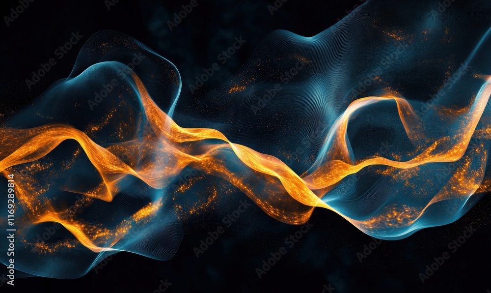Poster abstract wave patterns with glowing orange and blue light trails, showcasing fluid motion and dynami