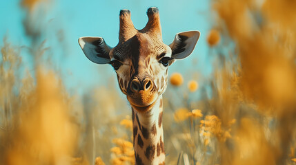 Obraz premium Young Giraffe Gazes Serenely Amidst Golden Flowers