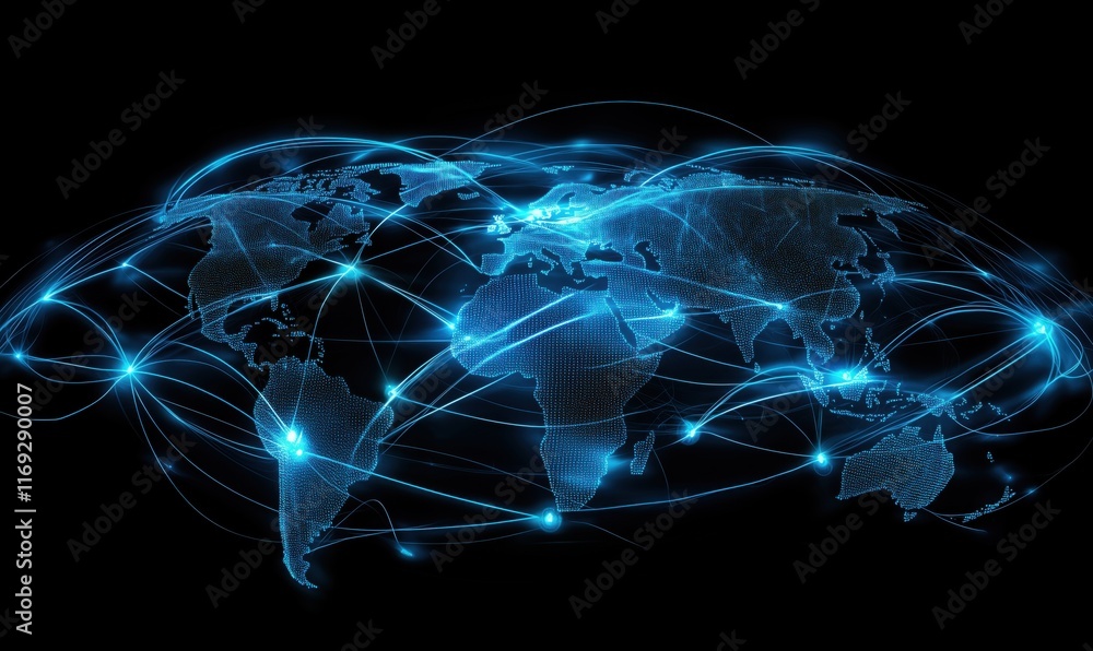 Poster global connectivity network visualization with digital world map and data lines representing communi