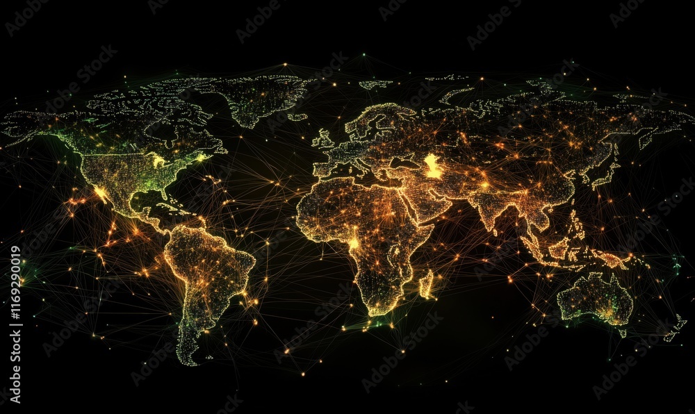Aufkleber global network visualization with illuminated cities and connections across continents