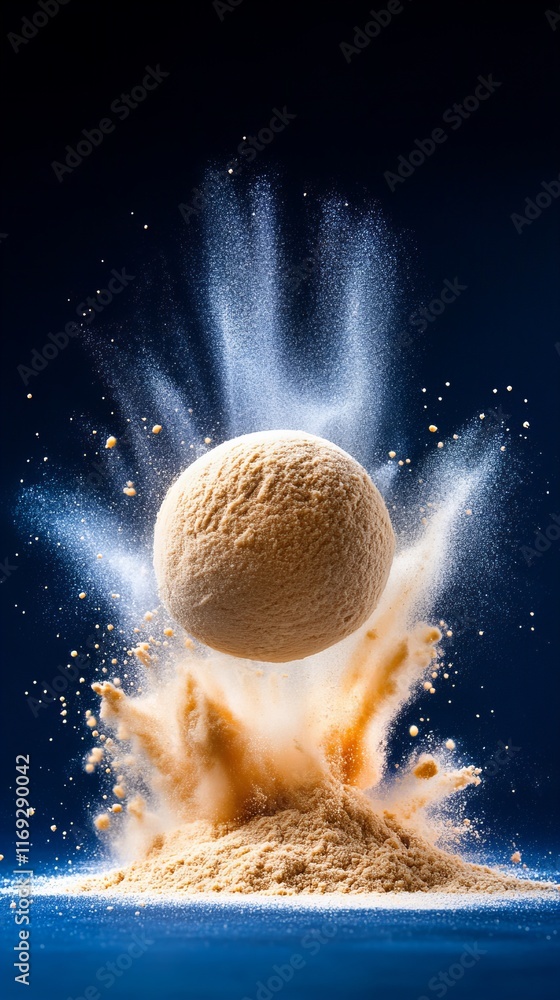 Poster a tan sphere impacts a powder, creating a dramatic explosion of color and texture against a dark blu