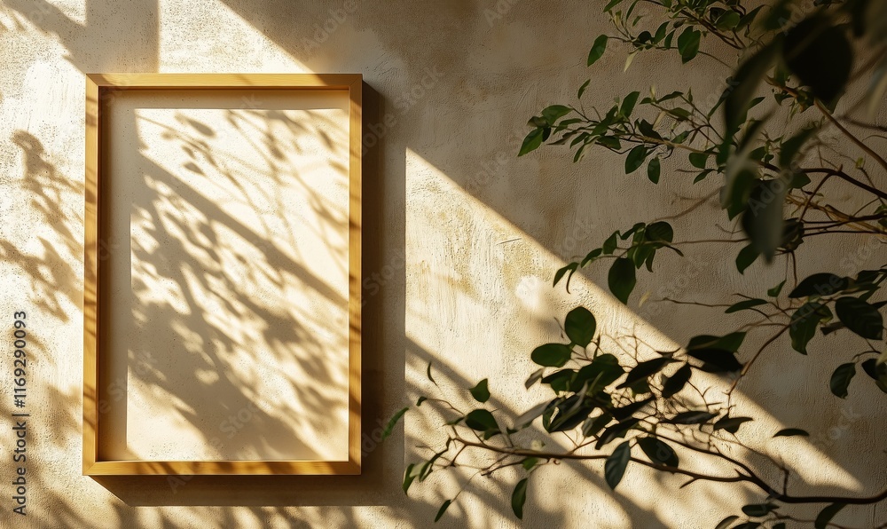 Poster empty wooden frame casting shadows on textured wall with green leaves, creating a serene and artisti