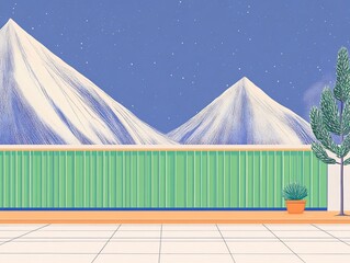 Serene Nighttime Mountain View: Softly Illustrated Balcony Scene. AI Generated