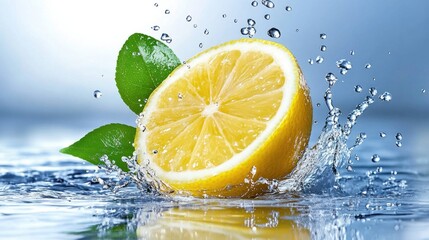 A vibrant lemon splash surrounded by water droplets and green leaves, capturing freshness and vitality.