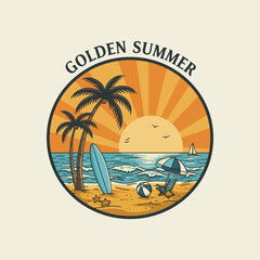 A vibrant summer beach scene featuring palm trees, a surfboard, beach ball, and umbrella at sunset.