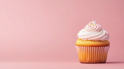A beautifully decorated cupcake with creamy frosting sits against a soft pink background, offering a delightful treat for any occasion.