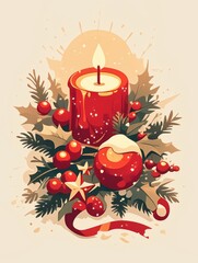 Christmas background featuring a red candle, ornaments, and snow on a light grey backdrop, creating a warm and festive holiday atmosphere.