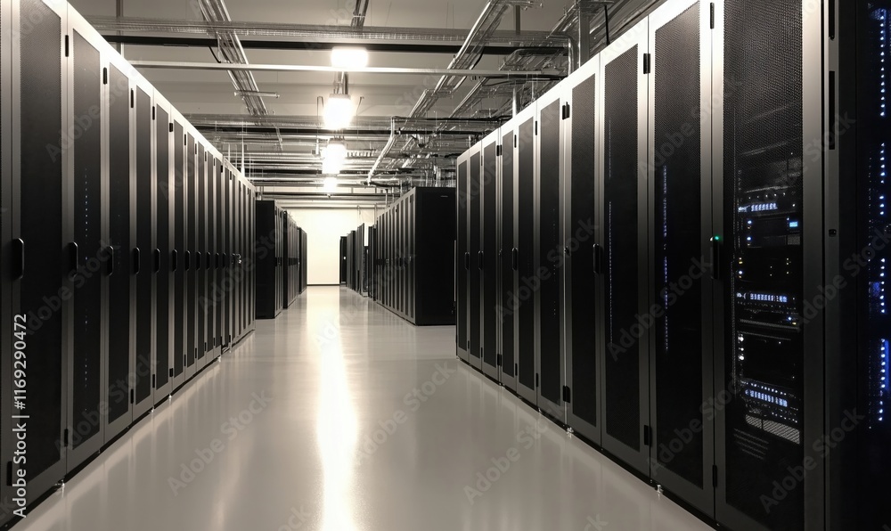 Poster data center with rows of black server racks, illuminated by overhead lights, showcasing modern techn