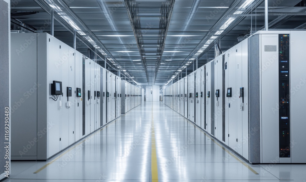 Poster data center corridor with rows of server racks and advanced cooling systems, showcasing modern techn